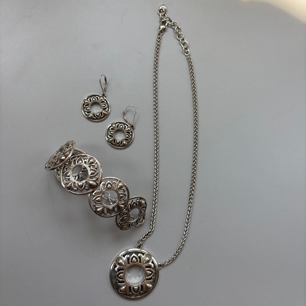 Brighton Preston Jewelry Set Necklace Bracelet Earrings Silver Disc Pendant Rare